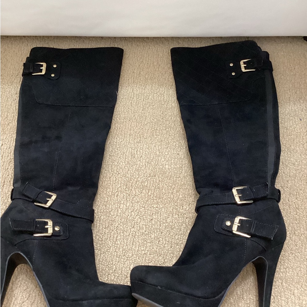 G by Guess Black Heeled Boots with Gold Buckles